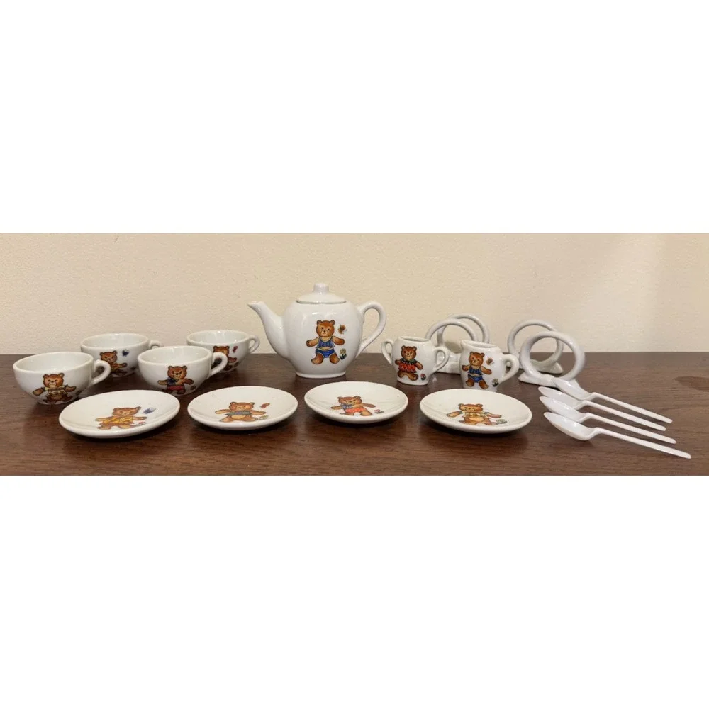 Vintage 1980s Miniature Porcelain Teddy Bears in Bathing Suits Tea Set Japan 19p